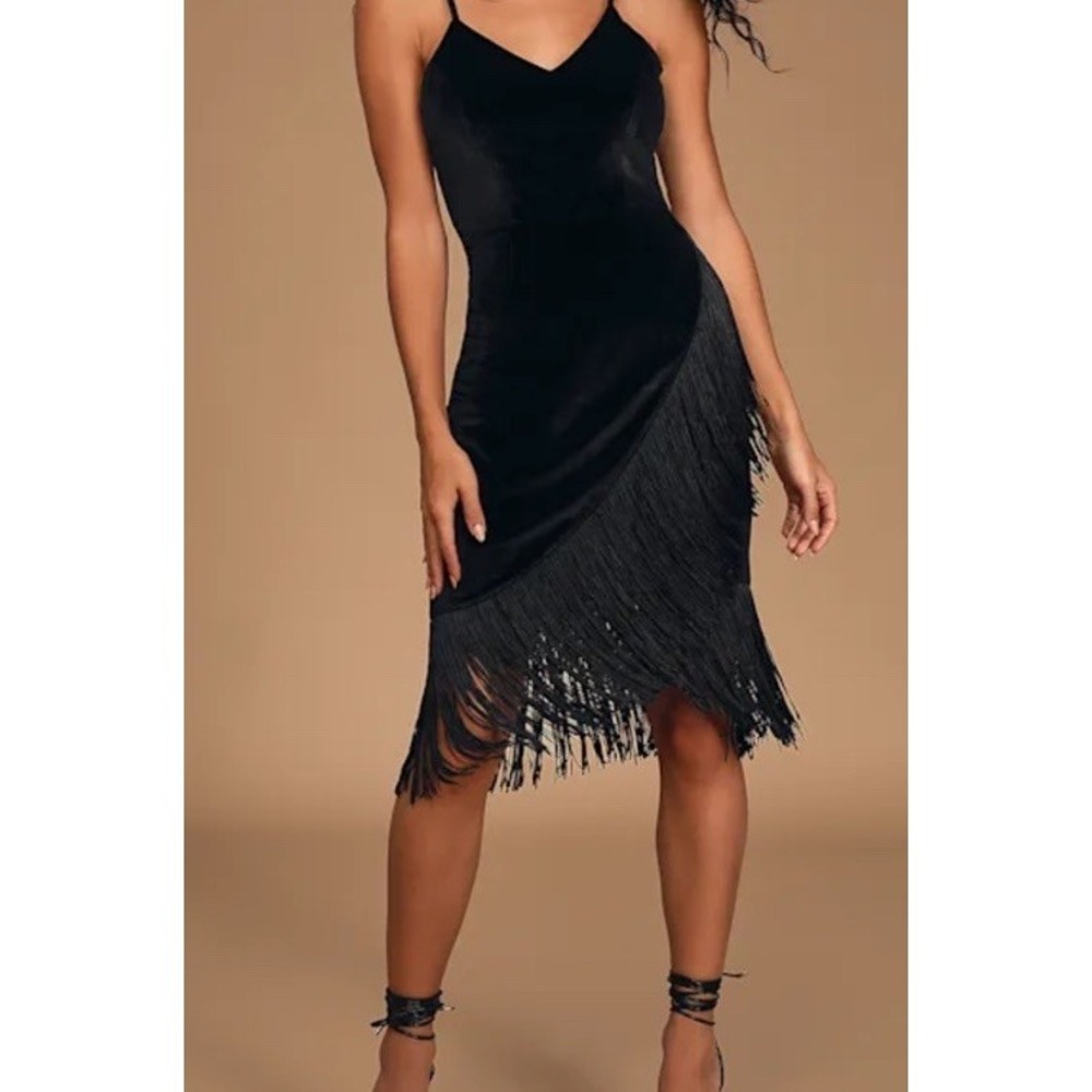 Lulus Chic Velvet Black Dress Midi Fringe Sz S